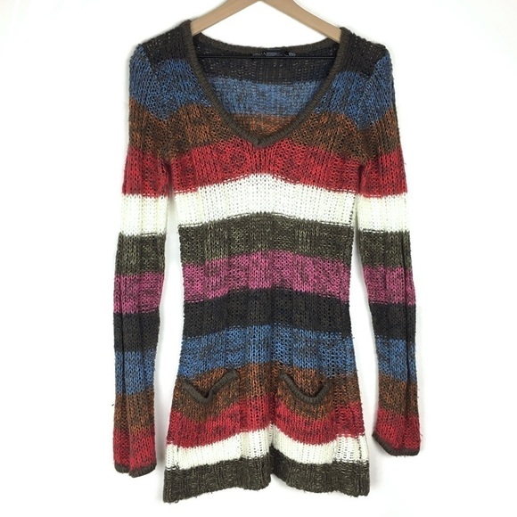 ASHLEY 26 International Sweater Tunic Dress Striped Long Sleeve V Neck Y2K Large - Picture 1 of 8